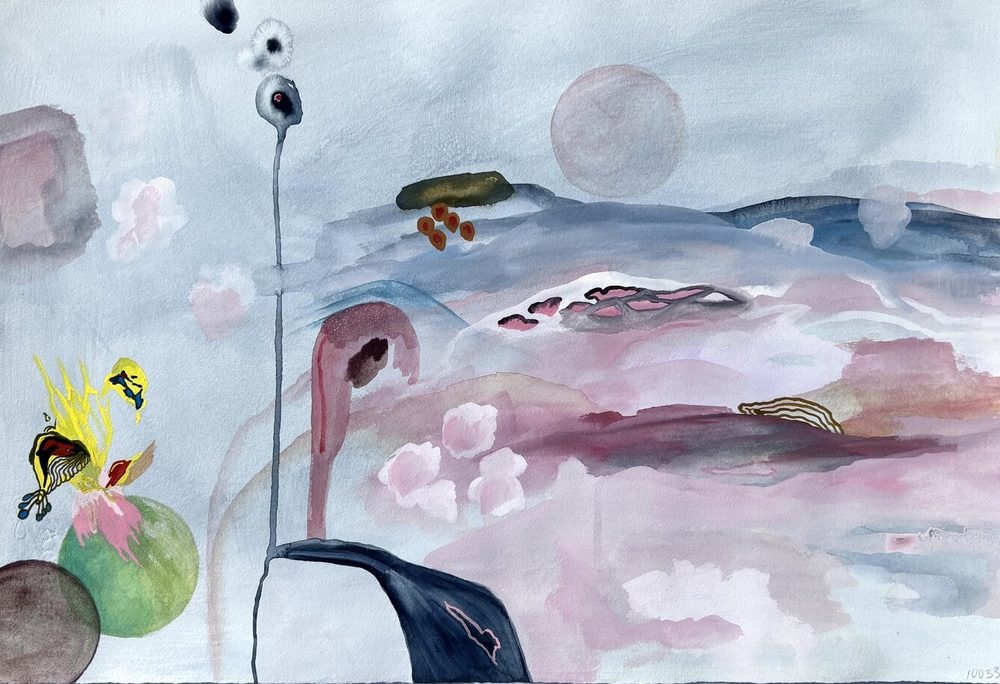 Watercolor landscape in soft pinks and blues with small floating forms.