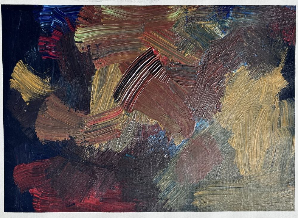 Abstract painting of layered ochre, rust, and charcoal strokes.