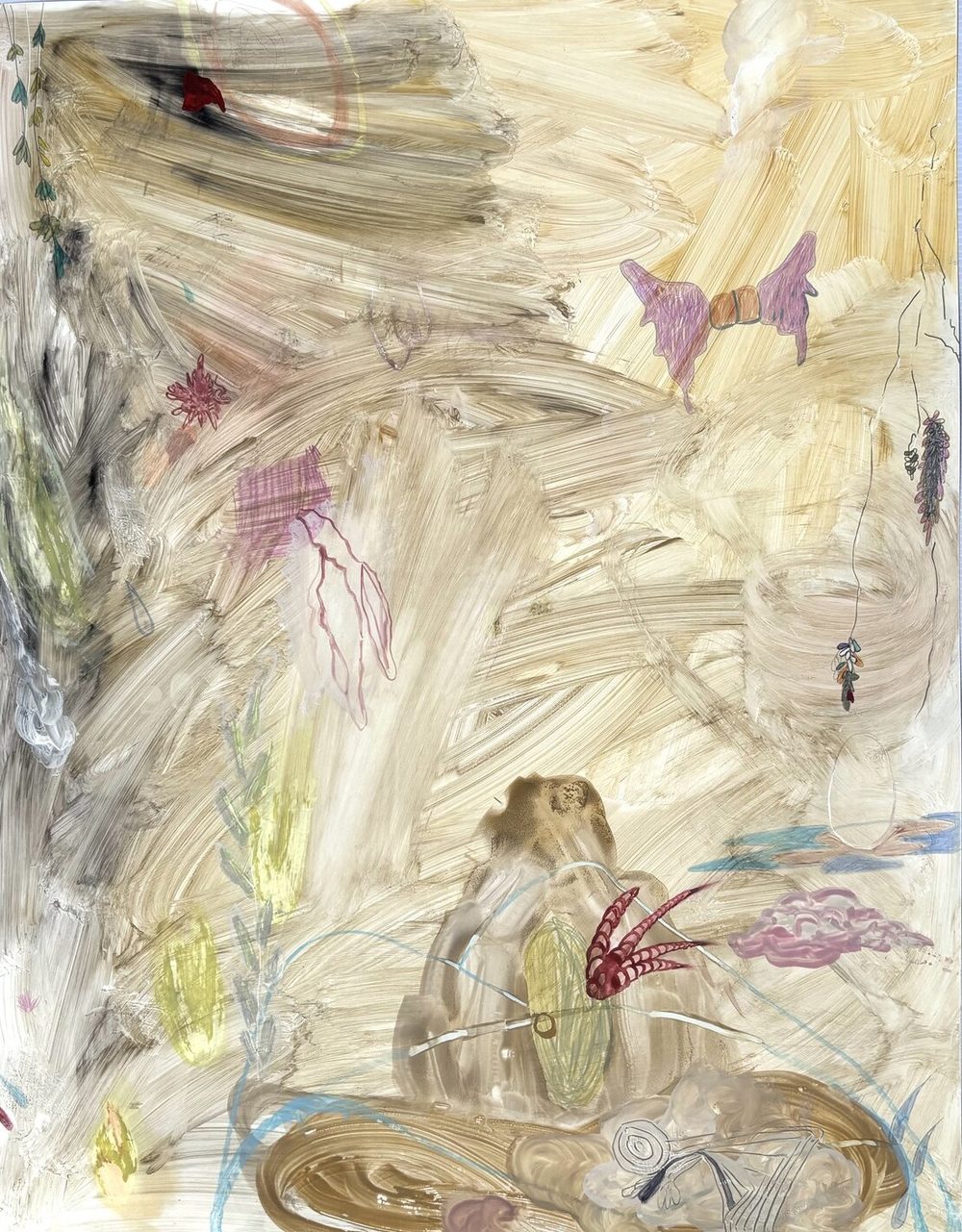 Pale painting in cream and gold washes with small figures and marks.