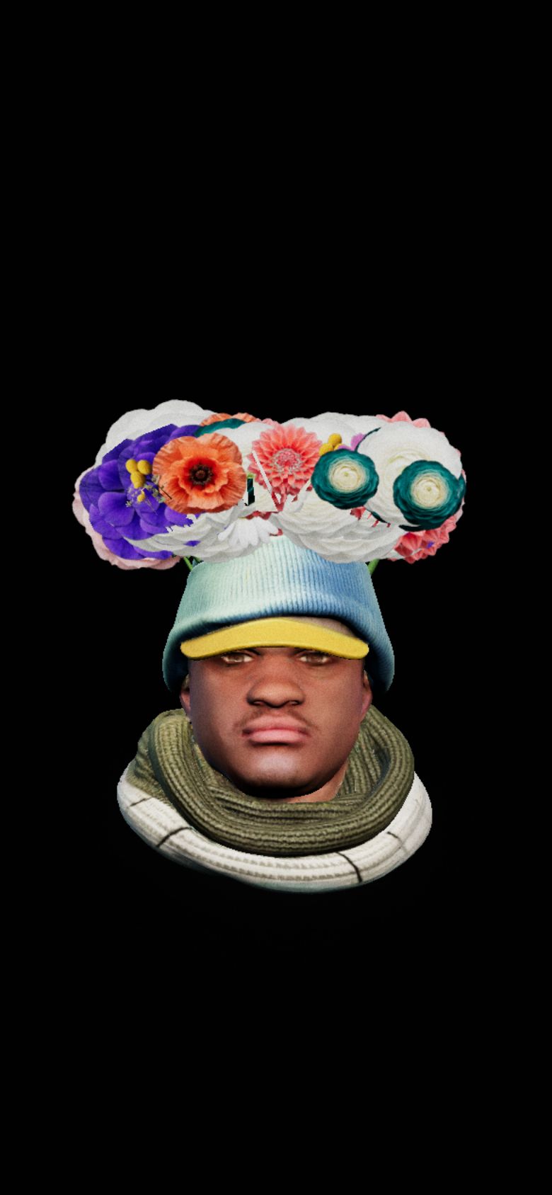 A sculpted portrait of Bashir in his knit cap, with a crown of real flowers blooming from it.
